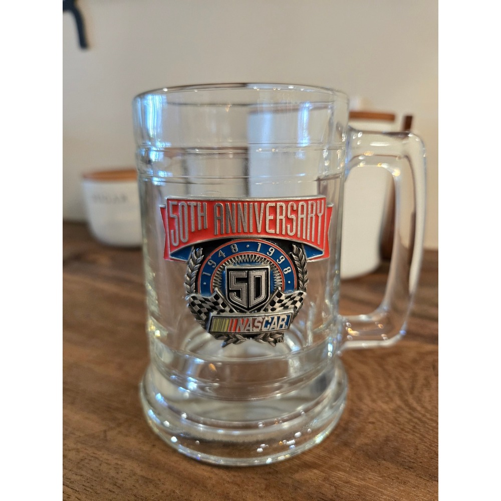 Vintage NASCAR 50th Anniversary 1948-1998 Glass Beer Mug Stein with Medallion